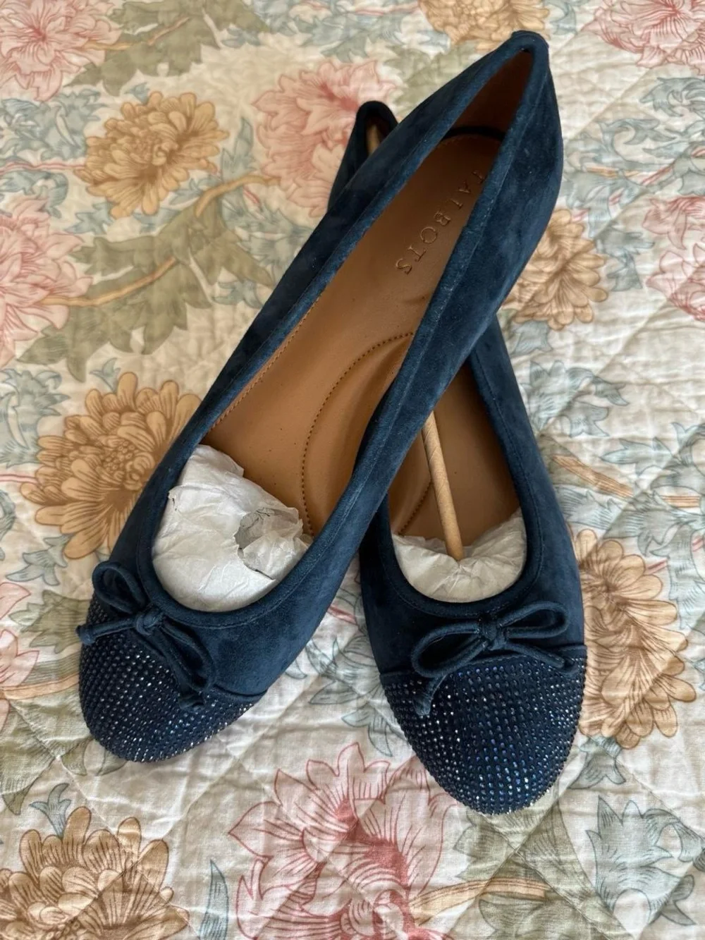 Talbots Navy Suede Ballet Flats with Crystal Toe and Bow
